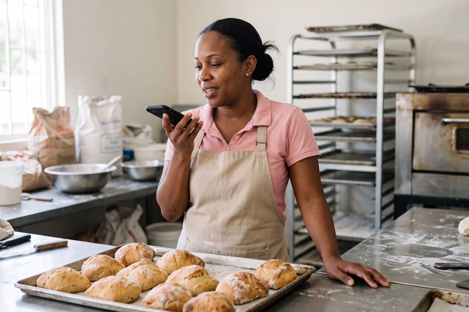 Baker recording a voice note beside a tray of fresh bread rolls.