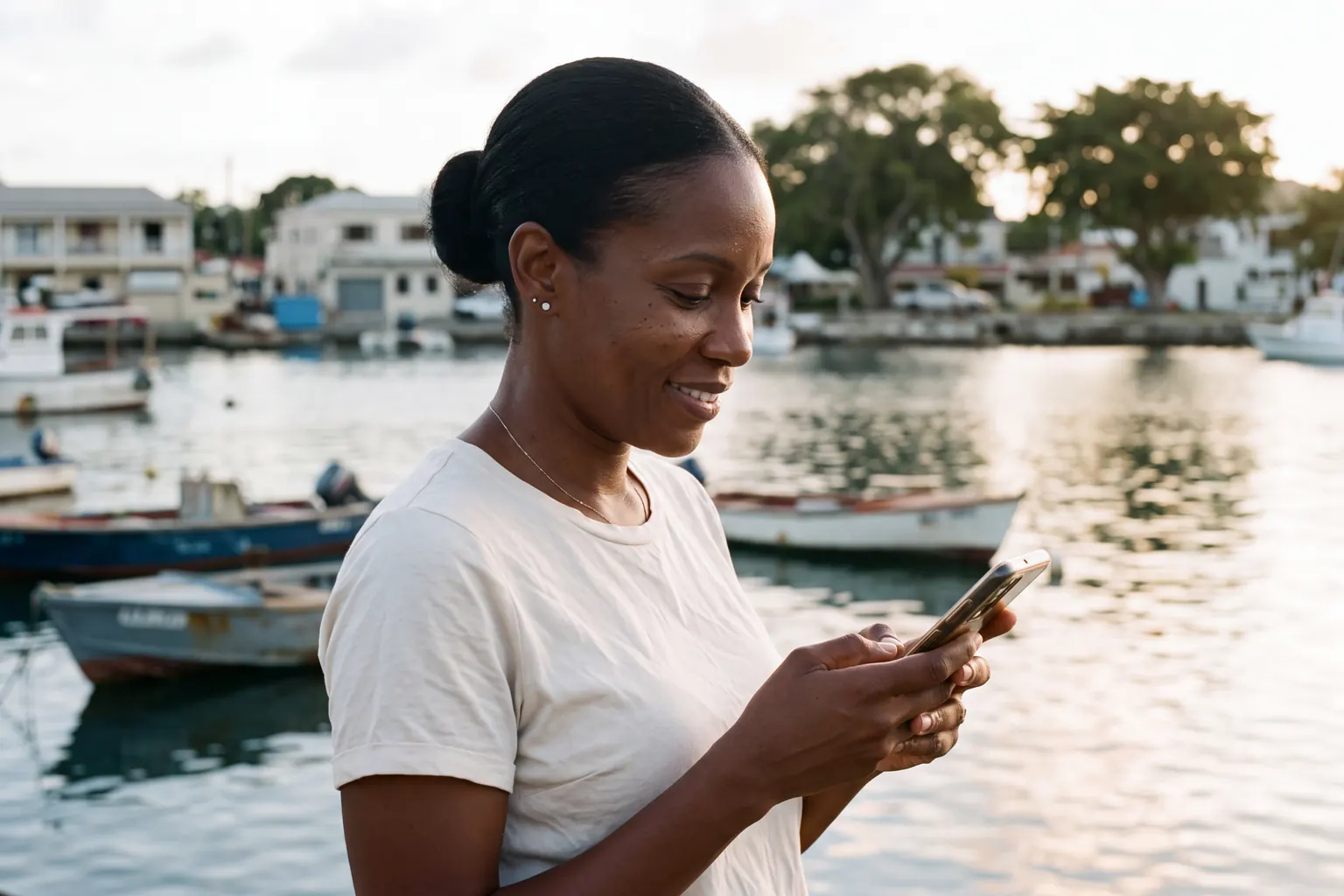 Business owner checking her phone beside the harbour.