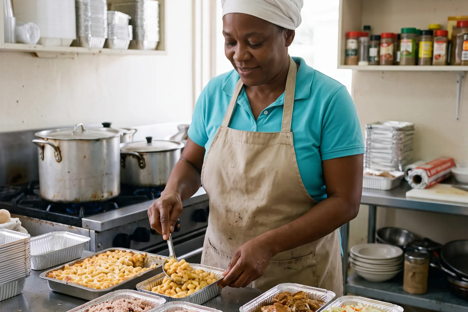 Caterer cooking in her kitchen beside trays of prepared meals.