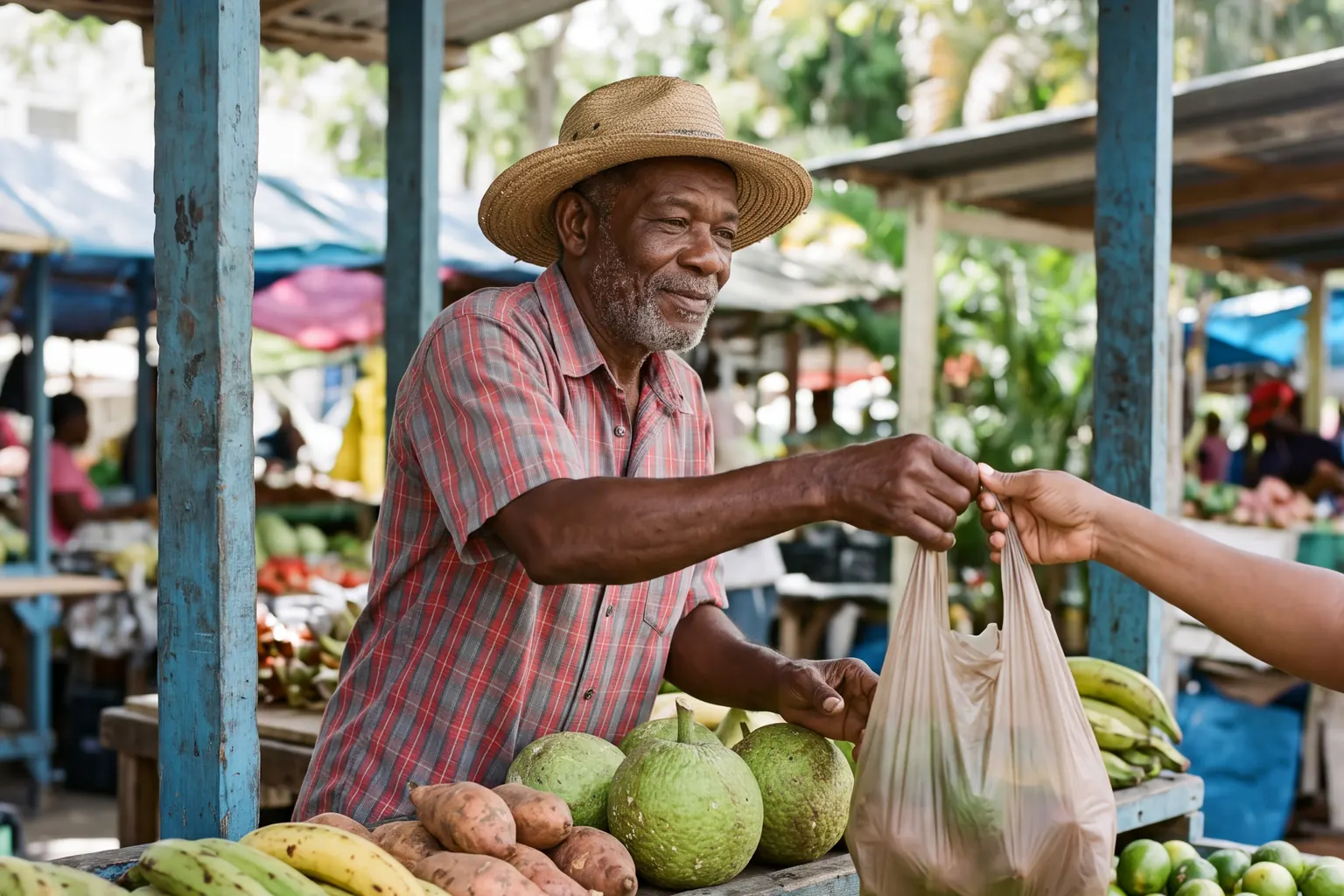 Market vendor handing a bag of produce to a customer.