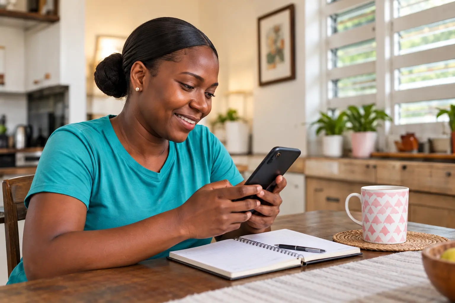 Business owner using her phone at a kitchen table.