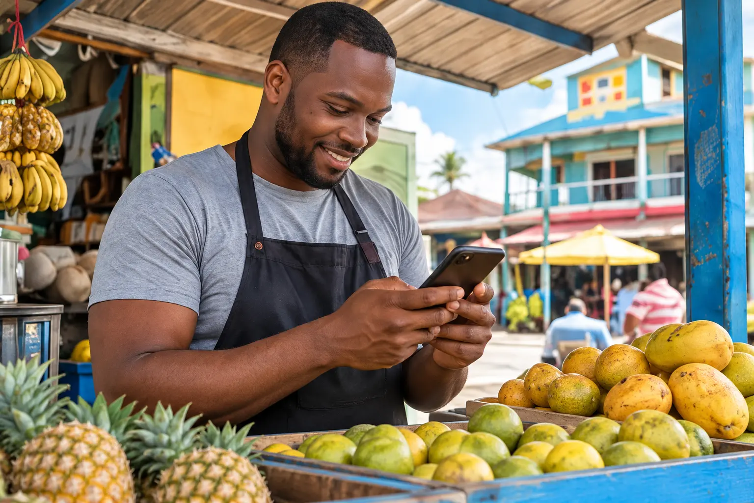 Produce vendor using his phone at a market stall.
