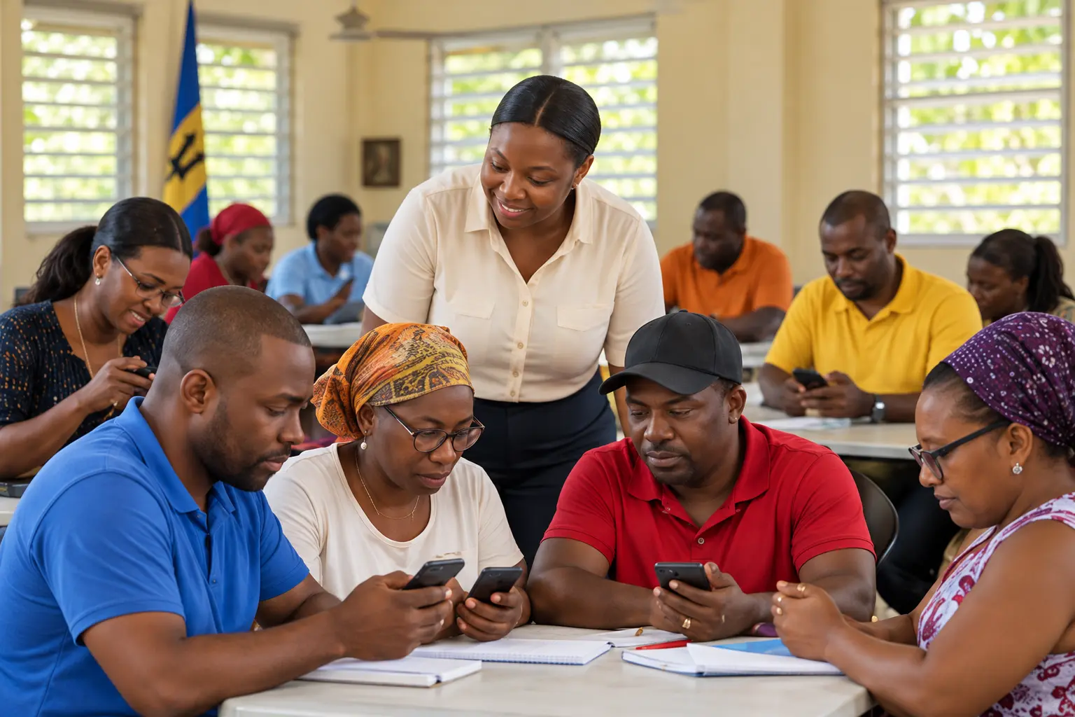 Facilitator helping business owners use their phones in a workshop.