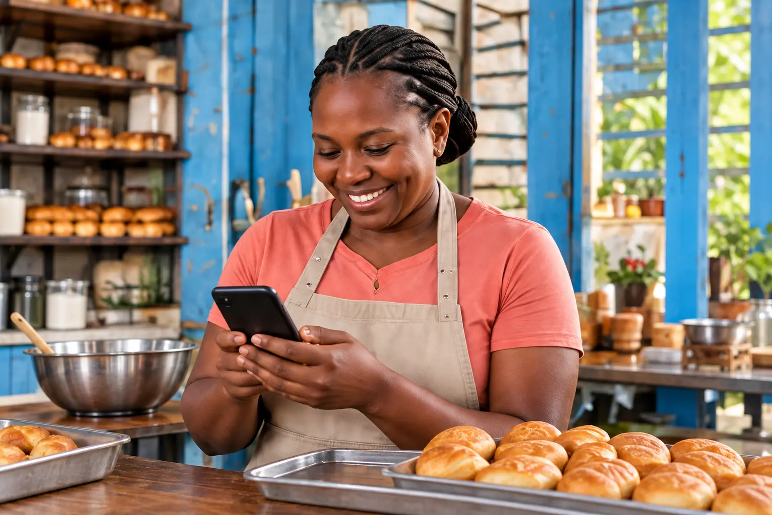 Baker checking her phone beside trays of pastries.