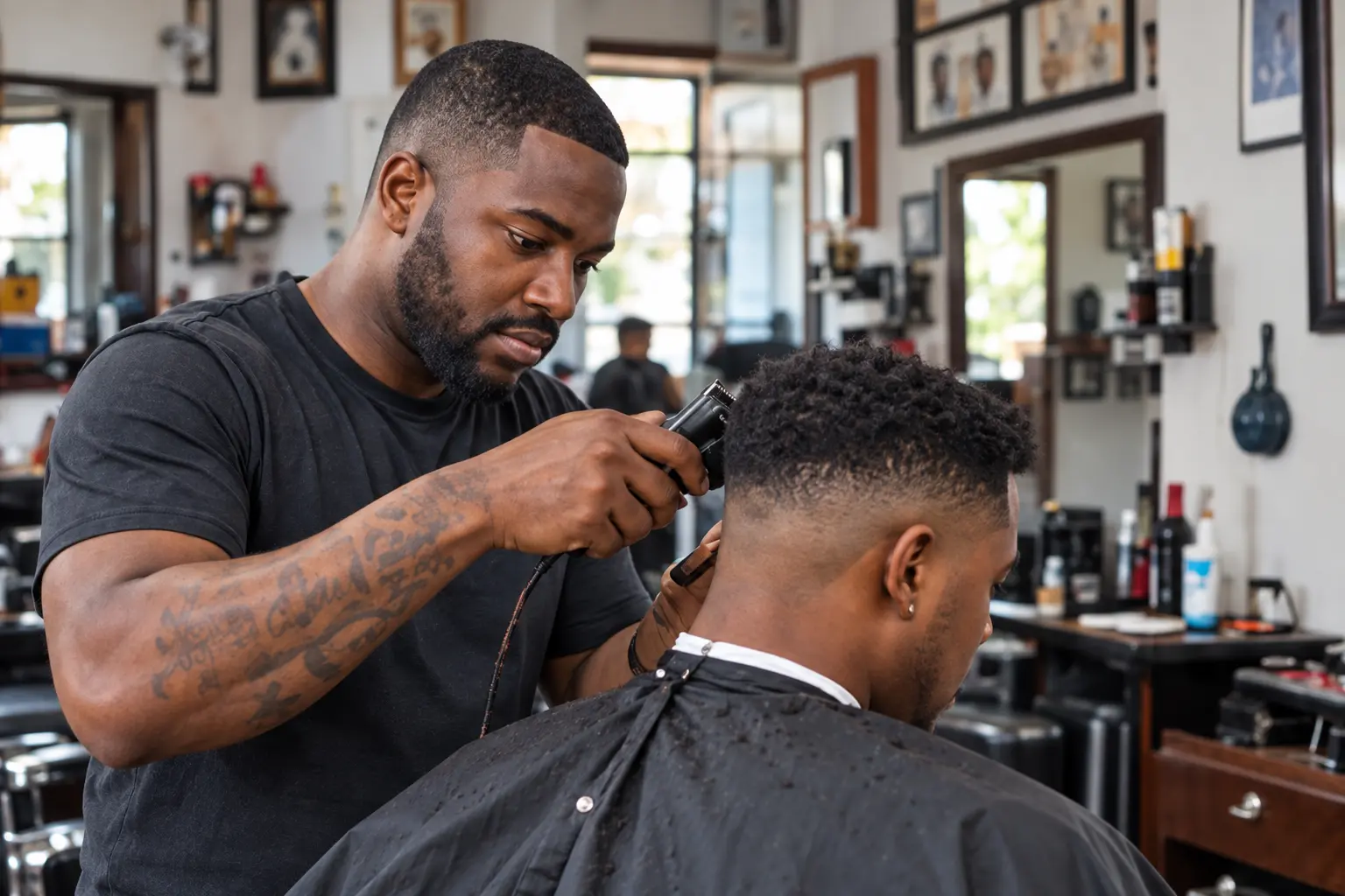 Barber working on a client’s haircut.