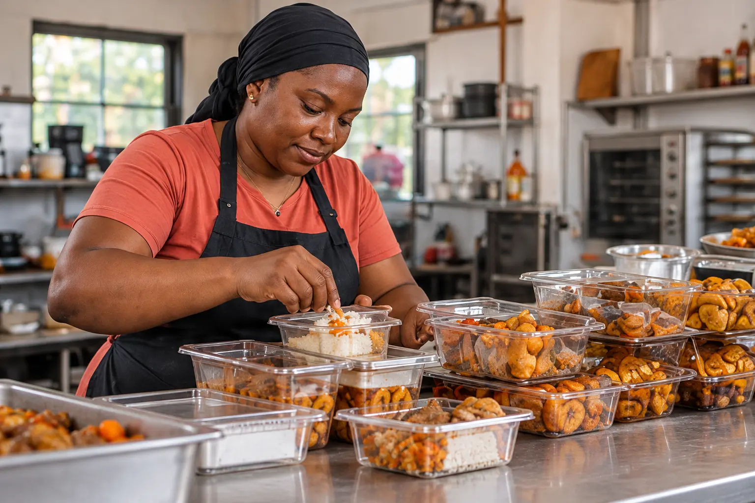 Caterer preparing takeaway meals in her kitchen.