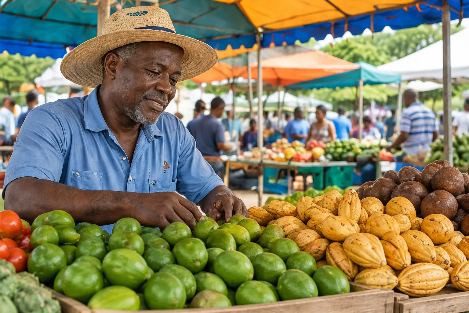 Market vendor arranging fresh produce at his stall.