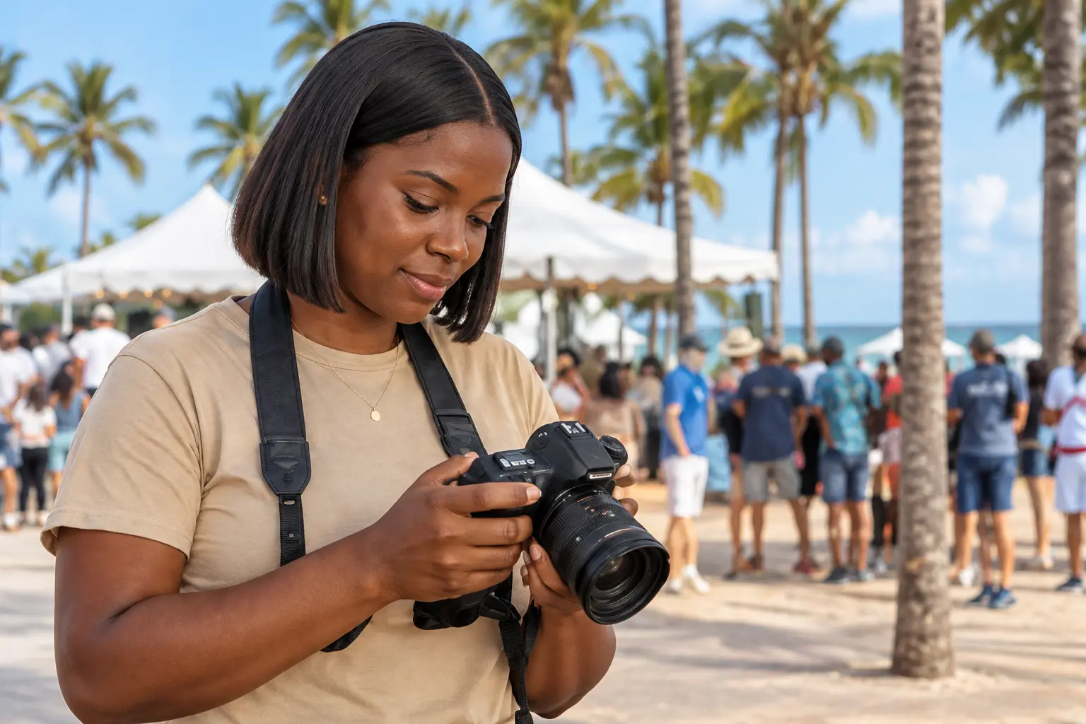 Photographer checking her camera beside the waterfront.